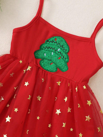 Young Girl Christmas Tree Towel Embroidered Mesh Dress With Golden Stars, Cute & Christmas Series