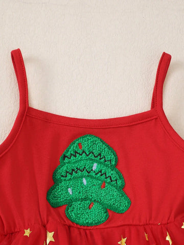 Young Girl Christmas Tree Towel Embroidered Mesh Dress With Golden Stars, Cute & Christmas Series