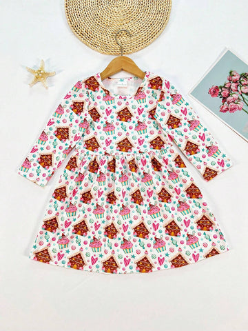 Young Girl Christmas Tree & Cake Digital Print Cartoon Pattern Long Sleeve Casual Dress