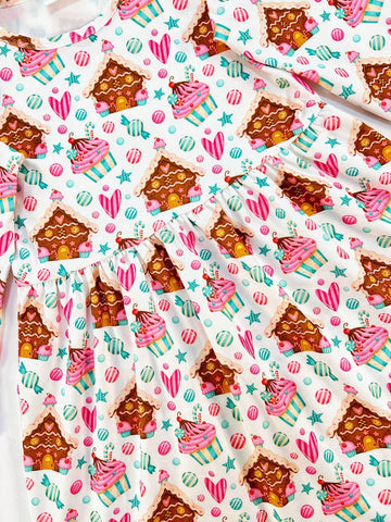 Young Girl Christmas Tree & Cake Digital Print Cartoon Pattern Long Sleeve Casual Dress