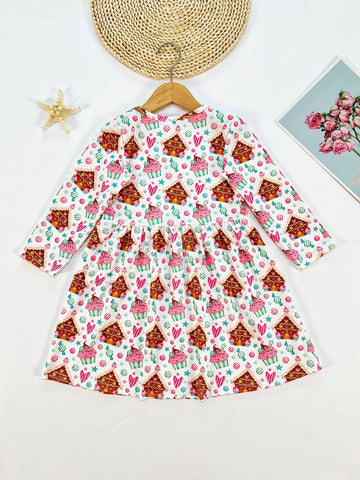 Young Girl Christmas Tree & Cake Digital Print Cartoon Pattern Long Sleeve Casual Dress