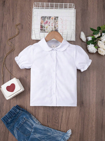 Young Girl Classic Doll Collar White Short Sleeve Shirt For Campus, Party, Performance, Dress