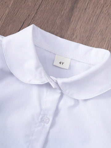 Young Girl Classic Doll Collar White Short Sleeve Shirt For Campus, Party, Performance, Dress