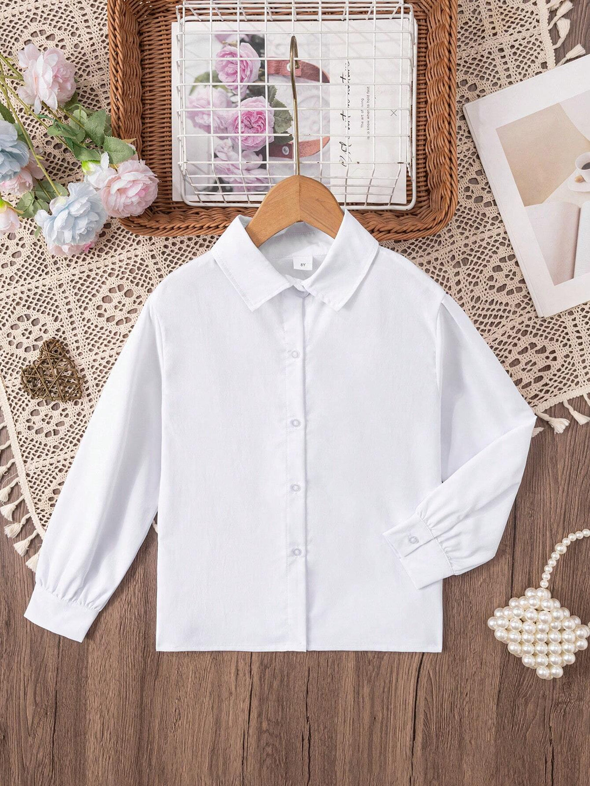 Young Girl Classic White Long Sleeve Blouse, Suitable For Formal Events, Parties And Performances