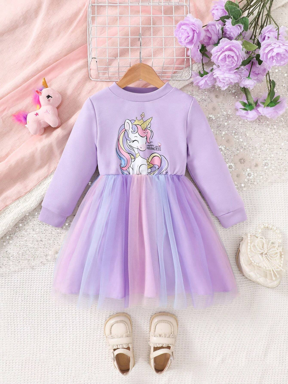 Young Girl Clothing New Autumn Casual Cartooon Unicorn Print Dress For Little Girls, Long Sleeve Round Neck Chiffon Hem Dress