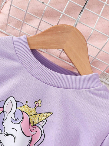 Young Girl Clothing New Autumn Casual Cartooon Unicorn Print Dress For Little Girls, Long Sleeve Round Neck Chiffon Hem Dress