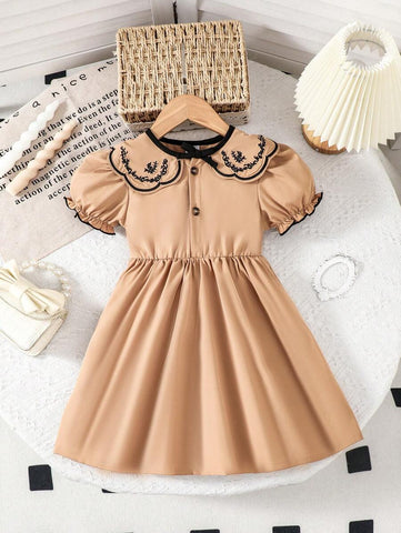 Young Girl Collared Embroidered Puff Sleeve Dress, Suitable For Casual Outings In Summer