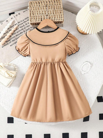 Young Girl Collared Embroidered Puff Sleeve Dress, Suitable For Casual Outings In Summer