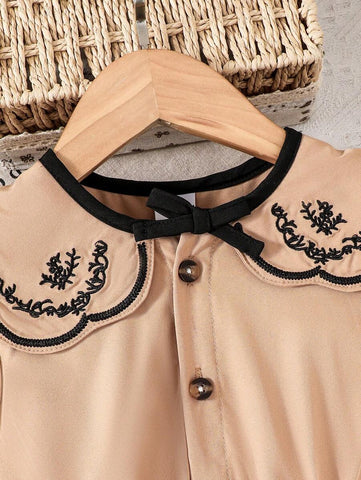 Young Girl Collared Embroidered Puff Sleeve Dress, Suitable For Casual Outings In Summer