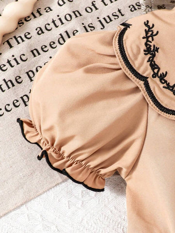 Young Girl Collared Embroidered Puff Sleeve Dress, Suitable For Casual Outings In Summer