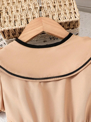 Young Girl Collared Embroidered Puff Sleeve Dress, Suitable For Casual Outings In Summer