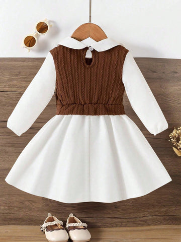 Young Girl Collared Long Sleeve Solid Color Patchwork Dress, For Daily Casual Wear In Fall And Winter