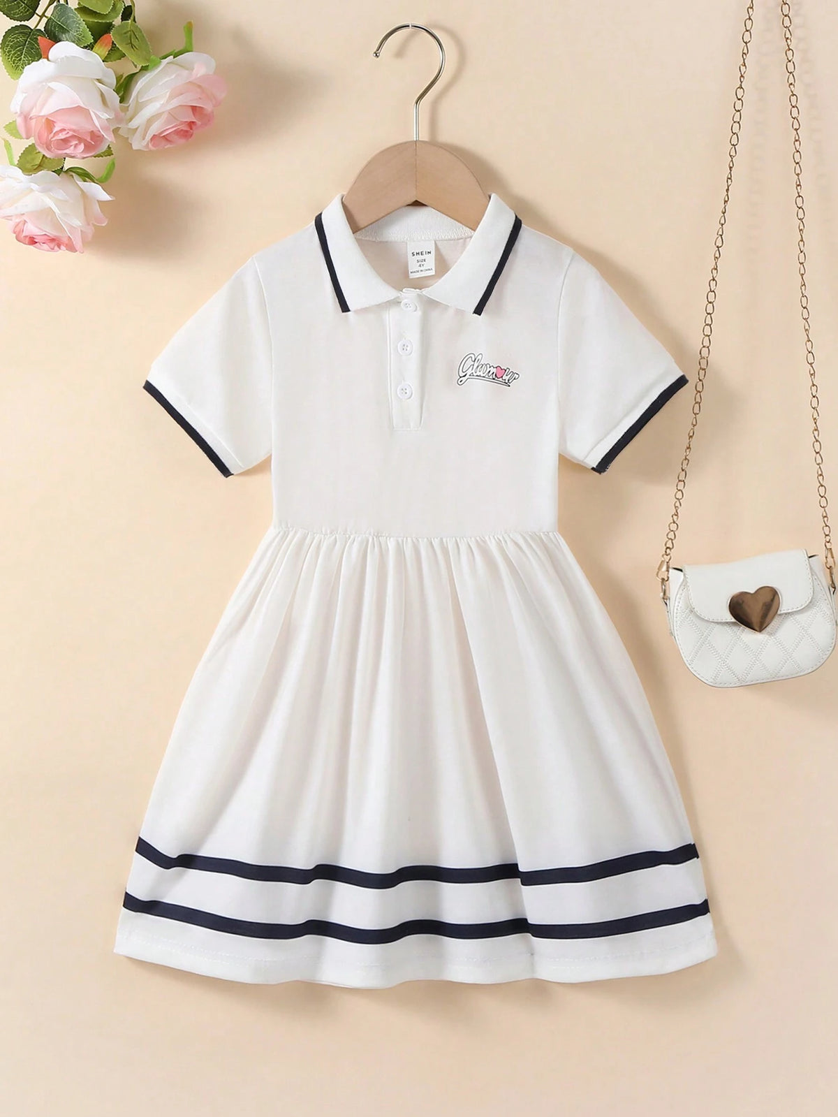 Young Girl College-Style Ribbed Cuff And Collar Dress
