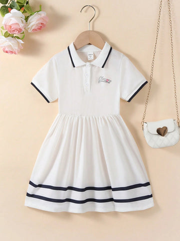 Young Girl College-Style Ribbed Cuff And Collar Dress