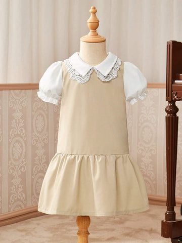 Young Girl College Style Princess Dress With Lace Collar And Puff Sleeves