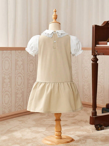 Young Girl College Style Princess Dress With Lace Collar And Puff Sleeves