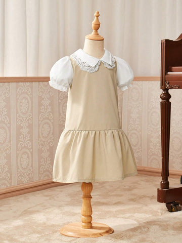 Young Girl College Style Princess Dress With Lace Collar And Puff Sleeves