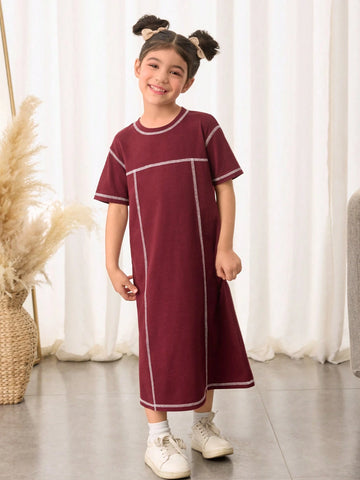Young Girl Color-Block Stitching Casual Dress, Casual Everyday Wear, Great For Casual & Daily Wear & School Daily , Versatile,Mom And Daughter Matching