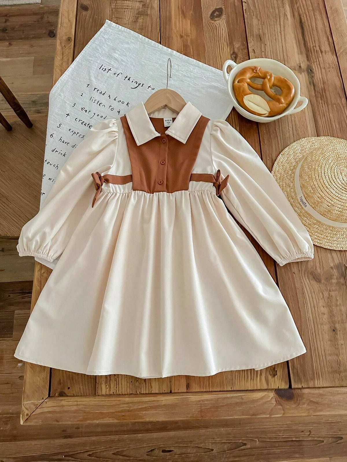 Young Girl Color Block Collar Puff Sleeve Fitted Casual Dress