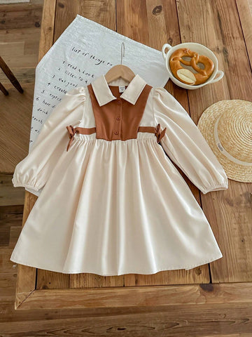 Young Girl Color Block Collar Puff Sleeve Fitted Casual Dress