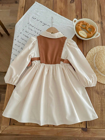 Young Girl Color Block Collar Puff Sleeve Fitted Casual Dress