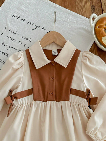 Young Girl Color Block Collar Puff Sleeve Fitted Casual Dress