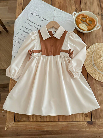 Young Girl Color Block Collar Puff Sleeve Fitted Casual Dress