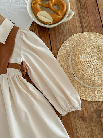 Young Girl Color Block Collar Puff Sleeve Fitted Casual Dress