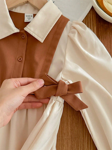 Young Girl Color Block Collar Puff Sleeve Fitted Casual Dress