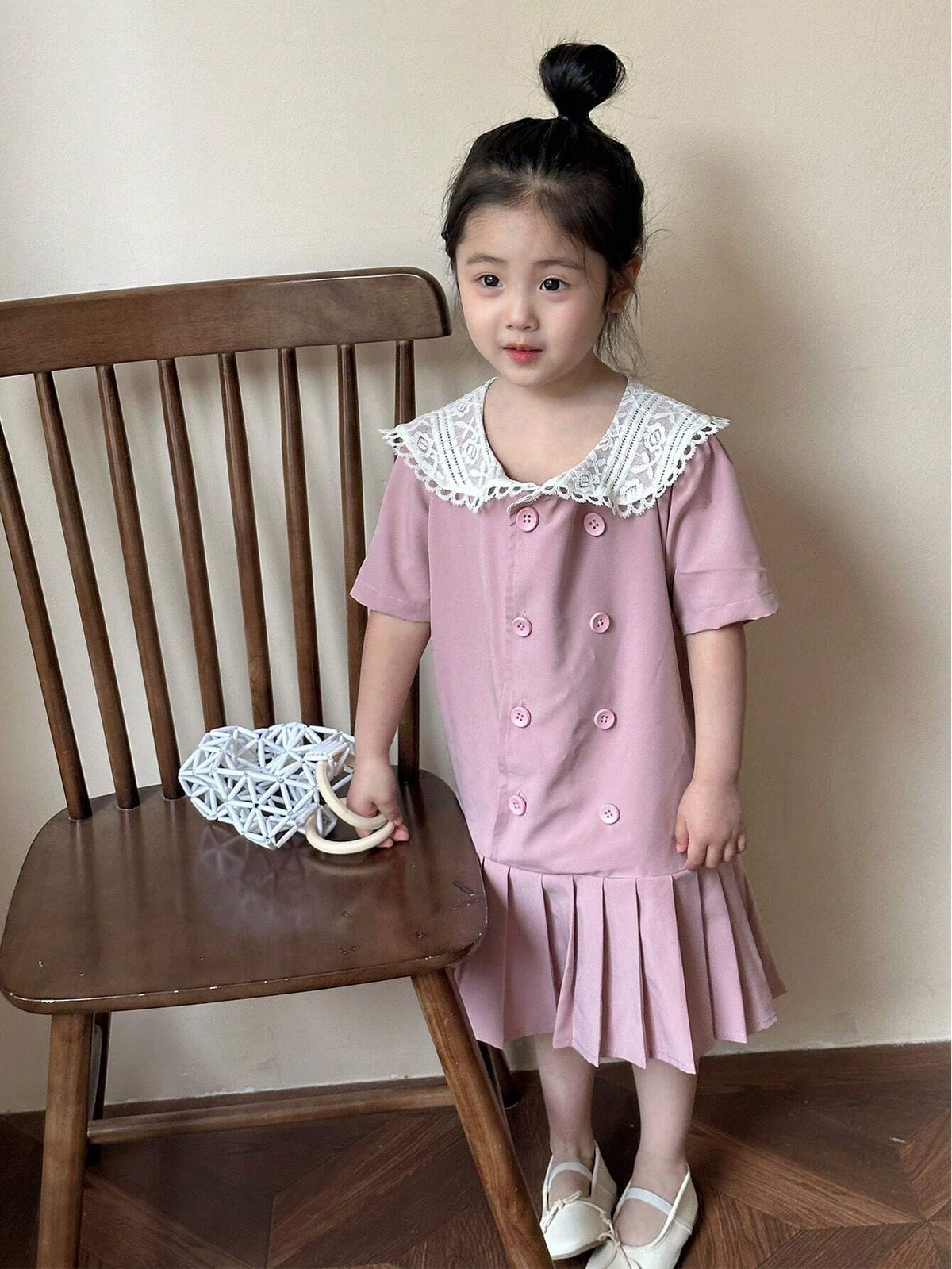 Young Girl Color Block Embroidered Collared Dress With Double-Breasted Design, Ruffle Hem