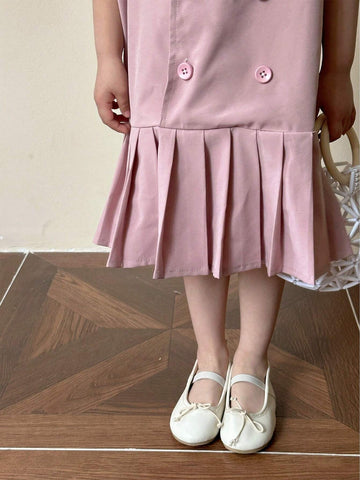 Young Girl Color Block Embroidered Collared Dress With Double-Breasted Design, Ruffle Hem