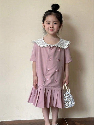 Young Girl Color Block Embroidered Collared Dress With Double-Breasted Design, Ruffle Hem