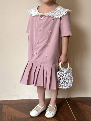 Young Girl Color Block Embroidered Collared Dress With Double-Breasted Design, Ruffle Hem