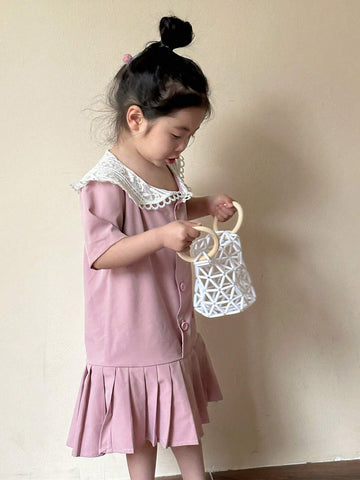 Young Girl Color Block Embroidered Collared Dress With Double-Breasted Design, Ruffle Hem