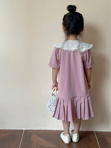 Young Girl Color Block Embroidered Collared Dress With Double-Breasted Design, Ruffle Hem