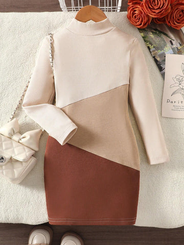 Young Girl Color Block Patchwork Dress, Suitable For Casual Daily Wear, Autumn