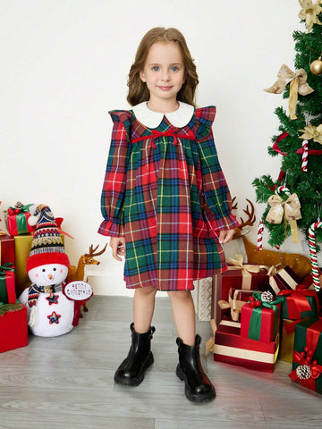 Young Girl Color Block Peter Pan Collar Plaid Patchwork School Style Long Sleeve A-Line Dress