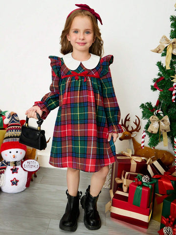 Young Girl Color Block Peter Pan Collar Plaid Patchwork School Style Long Sleeve A-Line Dress