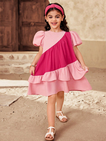 Young Girl Color Block Round Neck Fitted Casual Dress