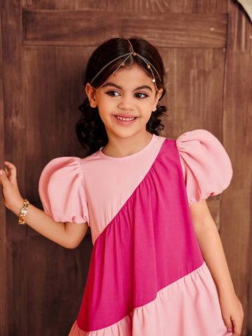 Young Girl Color Block Round Neck Fitted Casual Dress