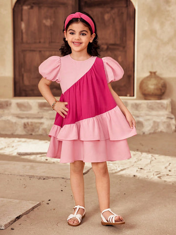 Young Girl Color Block Round Neck Fitted Casual Dress