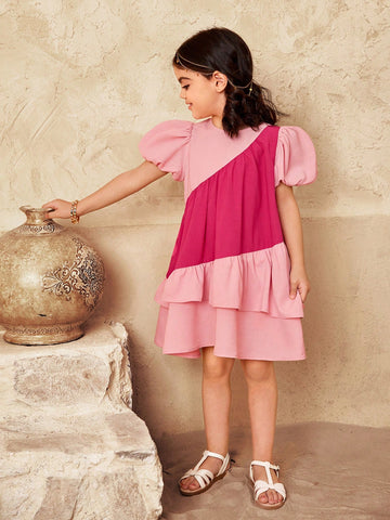 Young Girl Color Block Round Neck Fitted Casual Dress