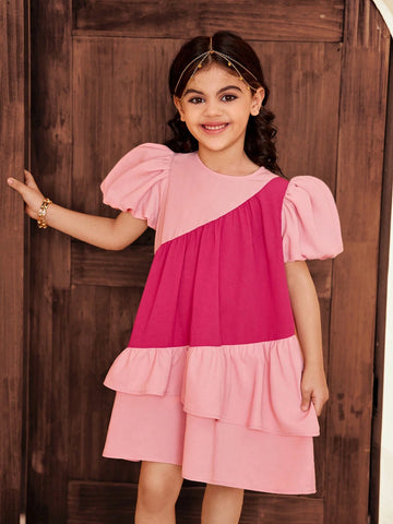 Young Girl Color Block Round Neck Fitted Casual Dress