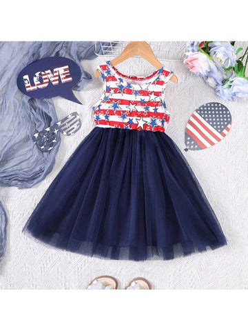 Young Girl Color Block Sleeveless Independence Day Elements Round Neck Dress With Star Mesh Overlay