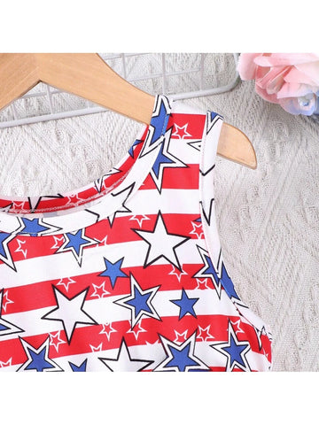 Young Girl Color Block Sleeveless Independence Day Elements Round Neck Dress With Star Mesh Overlay