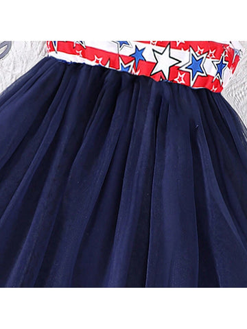 Young Girl Color Block Sleeveless Independence Day Elements Round Neck Dress With Star Mesh Overlay