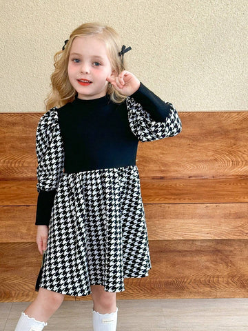 Young Girl Color Block Stand Collar Form-Fitting Gigot Sleeve Knit Dress