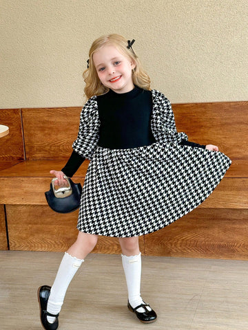 Young Girl Color Block Stand Collar Form-Fitting Gigot Sleeve Knit Dress
