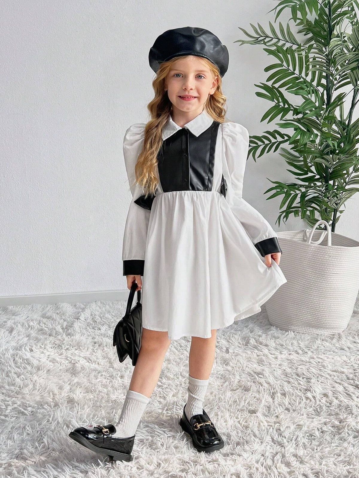 Young Girl Color Block Turndown Collar Gigot Sleeve Fitted Casual Dress