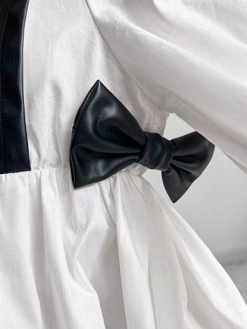 Young Girl Color Block Turndown Collar Gigot Sleeve Fitted Casual Dress